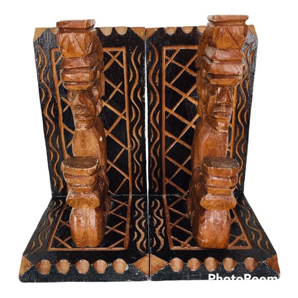 Vintage MCM Hand Carved Wood Mayan Aztec Tribal Tiki Figurine Bookends RARE HTF